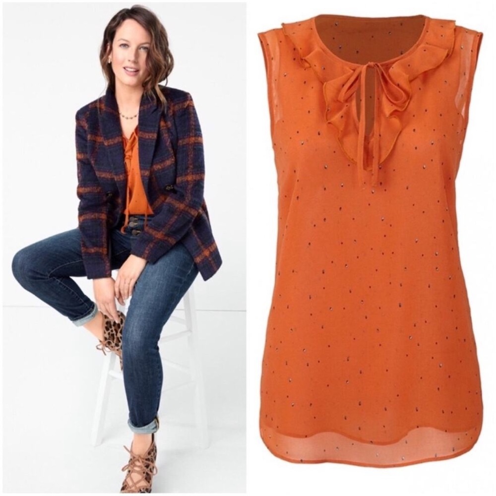 CAbi Sprinkle Top Orange Sleeveless Blouse with Bow Detail